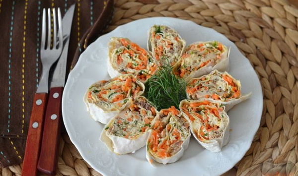 Начинка для лаваша с корейской морковкой, курицей, колбасой