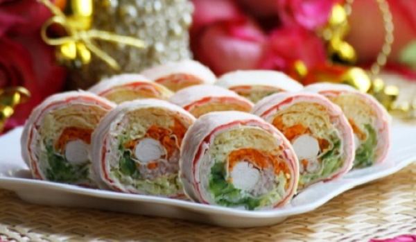 Начинка для лаваша с корейской морковкой, курицей, колбасой